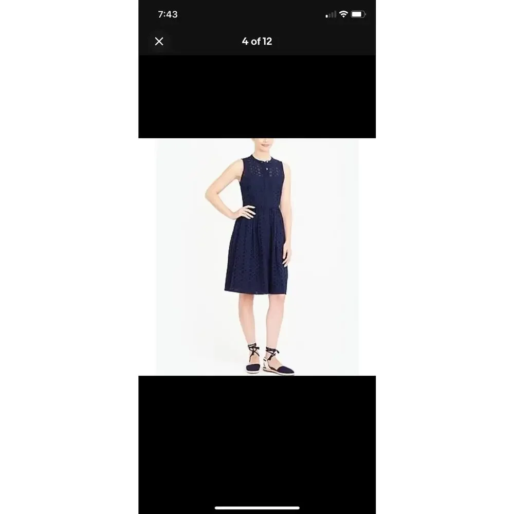 J. Crew Navy Blue Eyelet Shirt Dress Size 8 Sleeveless Summer Fit & Flare - Picture 4 of 16